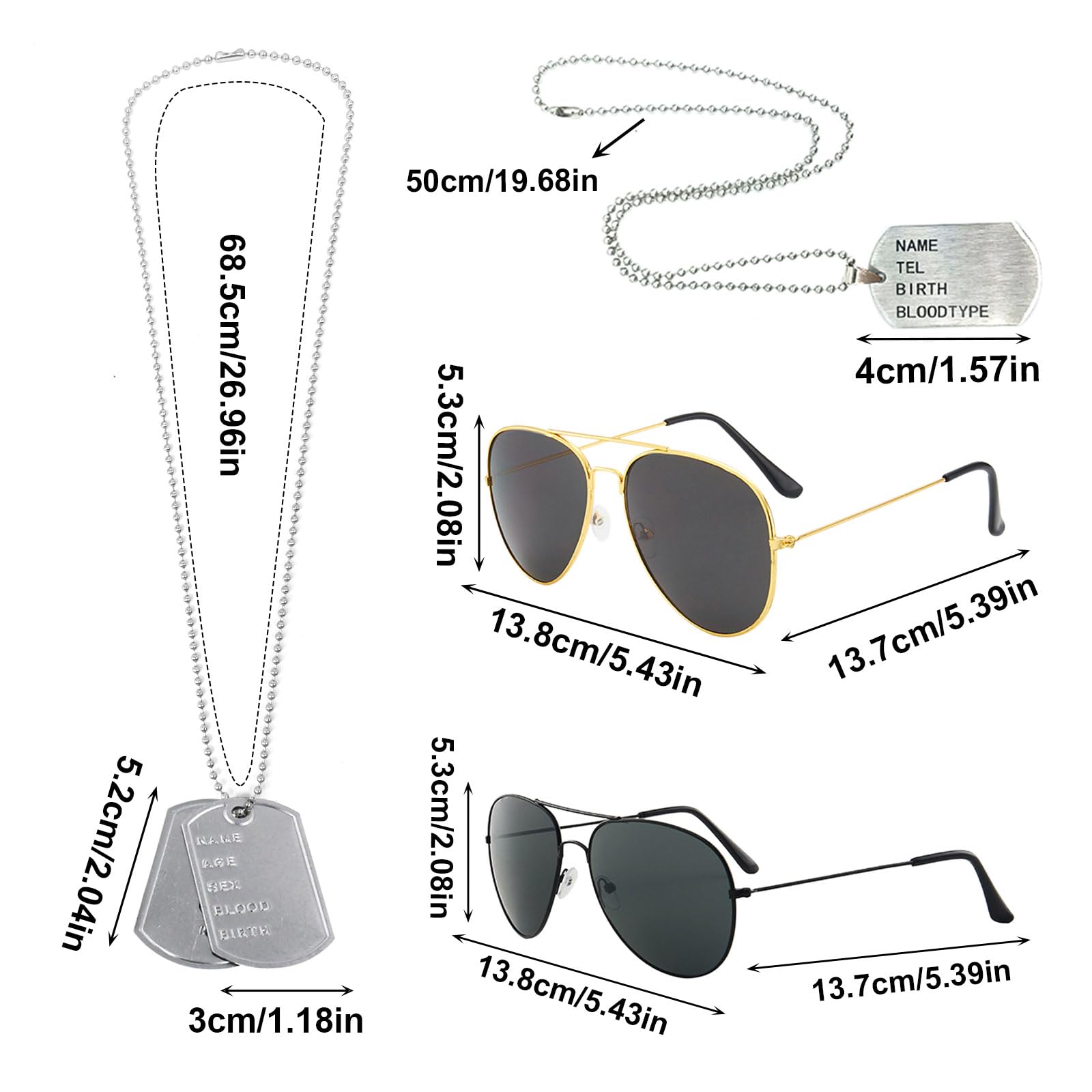 EUPSIIU 4 Pieces Aviators Glasses Pilot Fancy Dress Sunglasses and Dog Tag Solider Military Cosplay Army Costume Aviators Accessories for Men Women Adults Cosplay Dress up Party Theme Halloween (Army) - Image 2