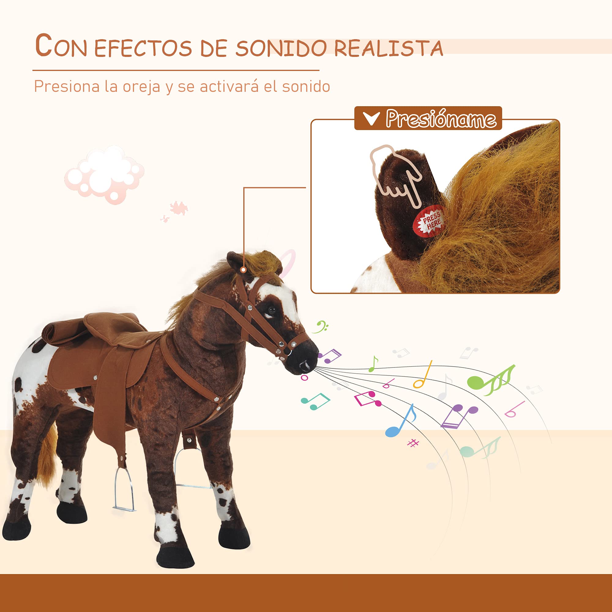 HOMCOM Caballo de Juguete Niños Mayores de 2 Años con Silla Sonidos Realistas y Estructura de Metal Carga 60 kg 85x28x60 cm Marrón