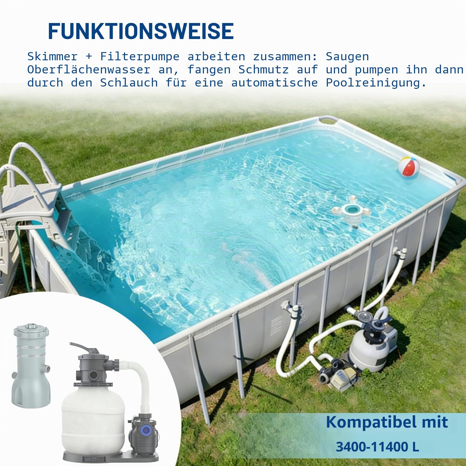 Above Ground Pool Skimmer,No Installation Required, no Adjustable Bracket Required,Comes with 10 Filter Socks, Tri-Float Spin Pool Skimmer,This is the Latest Upgrade.
