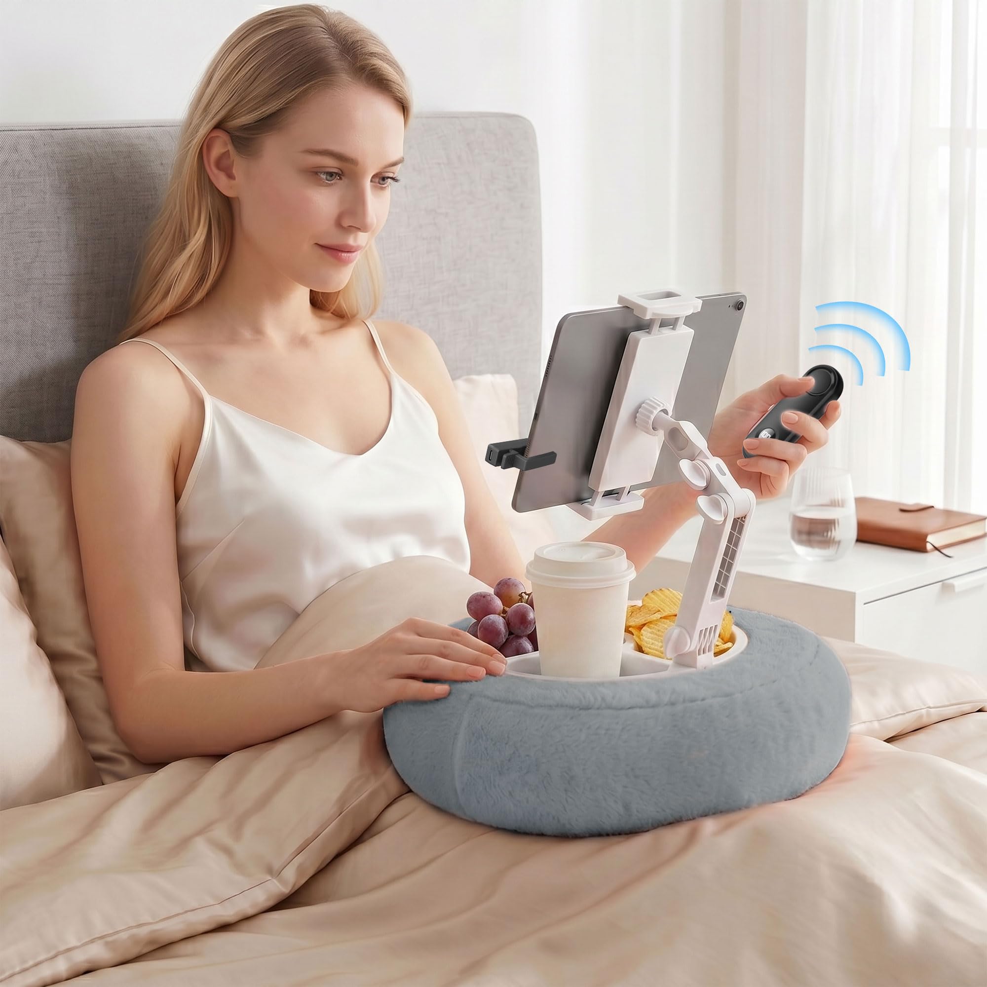 PlusAcc Cojín para Kindle con 3 Boles para Snacks – Soporte Tableta cojín,Ajustable 360° para Usar en el Regazo,Soporte de Lectura Manos Libres para Kindle,Kobo,Lavable Mando a Distancia Gris