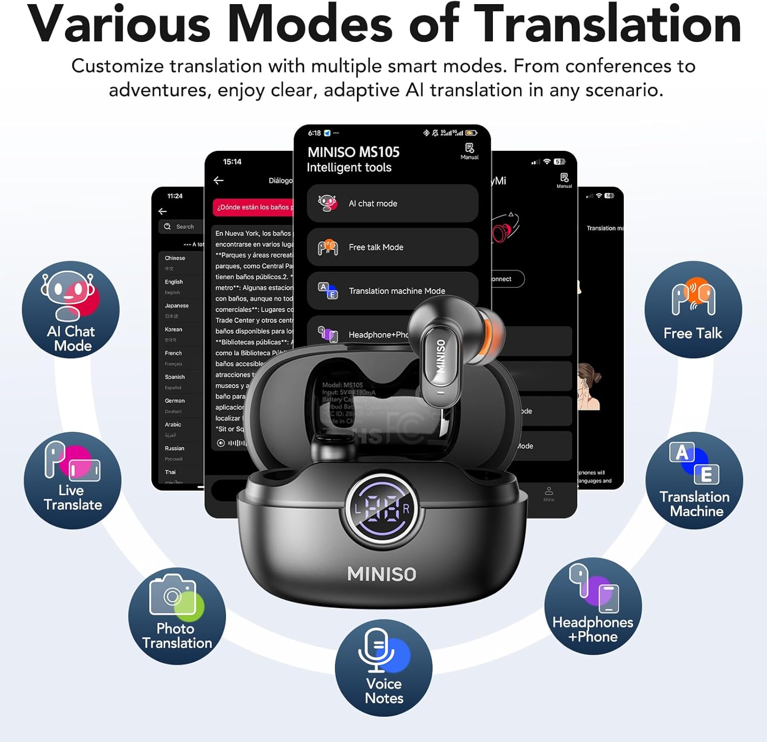 MINISO MS105 AI Translation Earbuds Real Time, Translator Earbuds Support 134 Languages with APP, Bluetooth 6.0 Translator Headphones Compatible with iOS & Android, for Travel Business