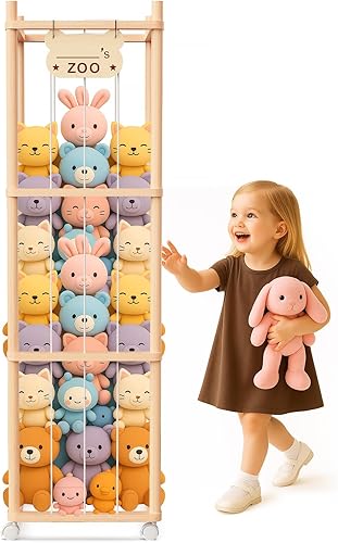 Almacenamiento y organizador de animales de peluche, soporte de madera para juguetes de zoológico para habitaciones de niños, salas de juegos y
