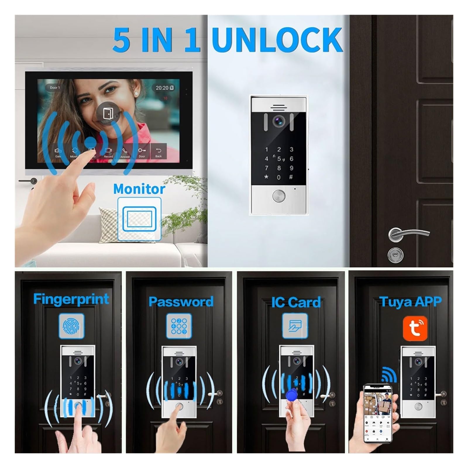 Odcisk Palca 5 W 1, Odblokowanie Dzwonka Wi-Fi, Wideodomofon, System Domofonowy Tuya Smart 1080P, Monitor Dotykowy, Ochrona Bezpieczeństwa Ostry PodgląD Na żYwo(10inch LCD Not TF)