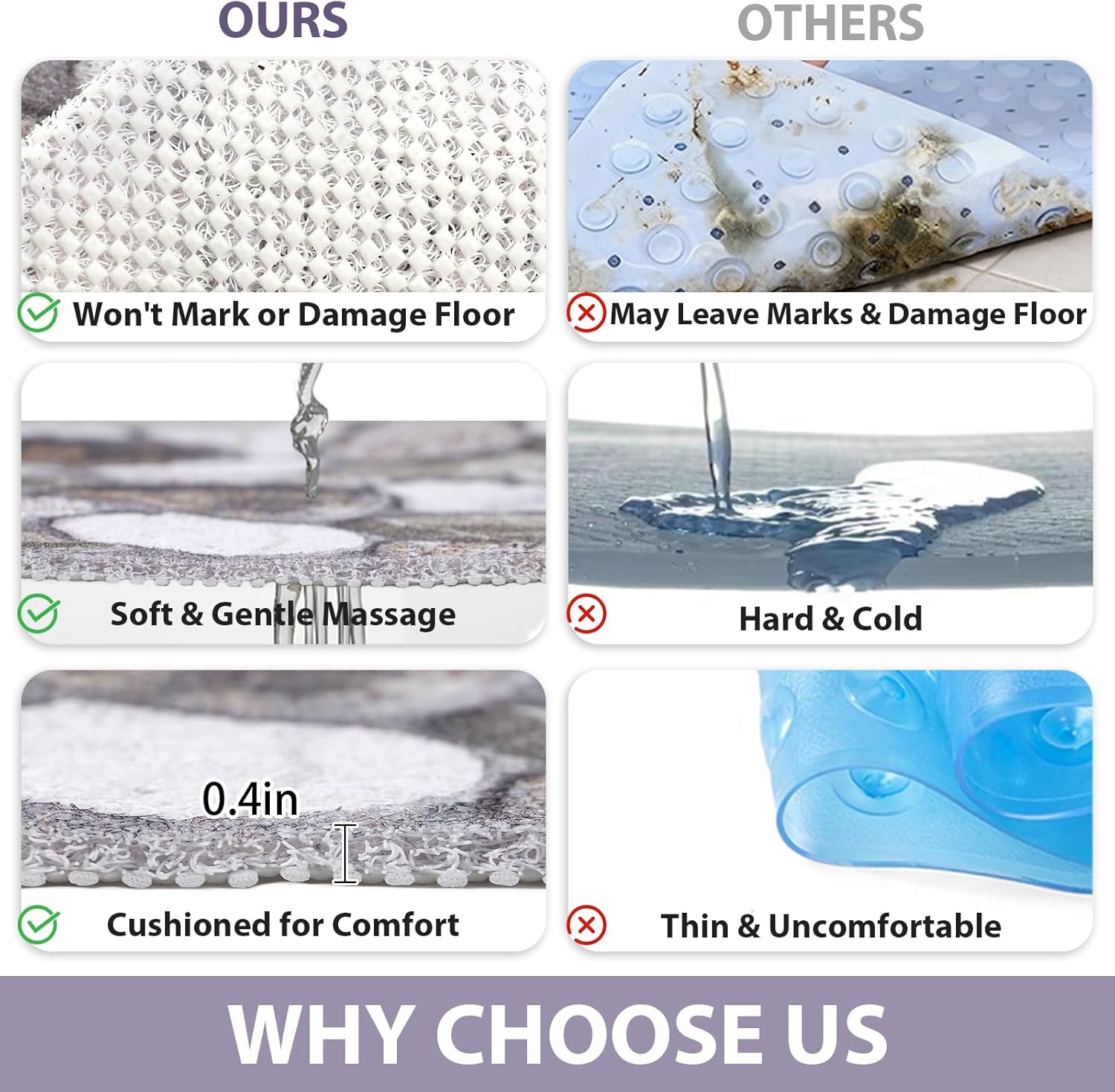 Extra Large Shower Mat Non-Slip : 24x16 inch Loofah Shower Mats for Inside Shower with Drain Hole, Anti Slip Shower Mat, Stand up Shower Floor Mat