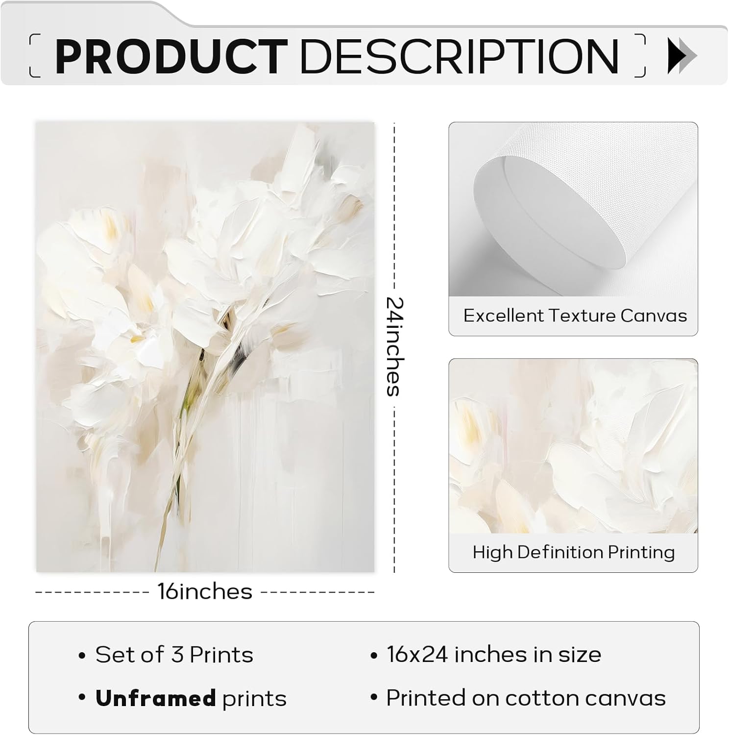 Neutral Wall Art Abstract Floral Canvas Pictures Beige Flower Wall Decor Modern Painting Minimalist Poster Abstract Botanical Prints White Artwork for Bedroom Living Room 16x24 Inch Unframed Set of 3