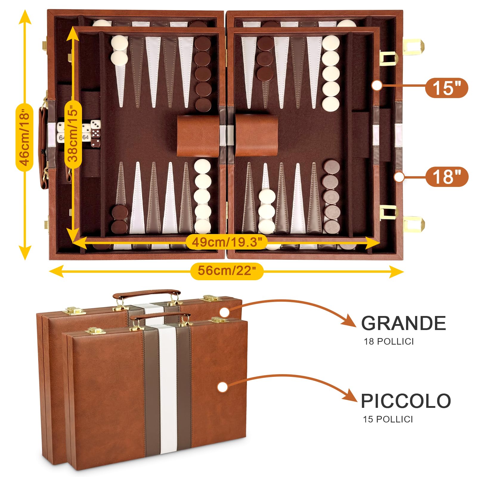 Set Backgammon, Set di Backgammon Classico per 2 Giocatori, Gioco di Strategia da Viaggio Portatile (18 pollici, Marrone)