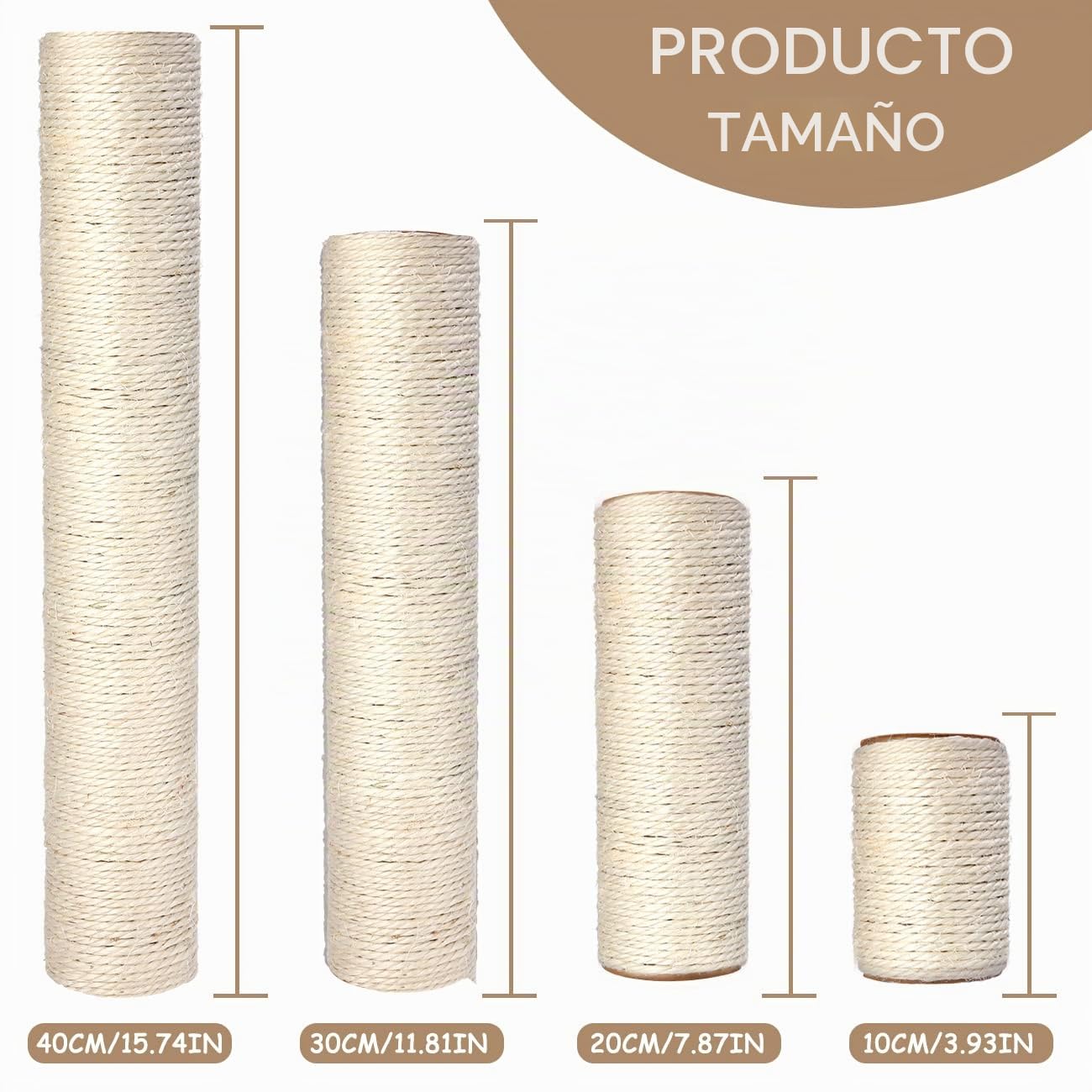 Poste rascador de sisal natural de repuesto, 4 piezas M8 para gatos, piezas de repuesto para reacondicionamiento, color blanco, incluye tornillos (40 + 30 + 20 + 10 cm)