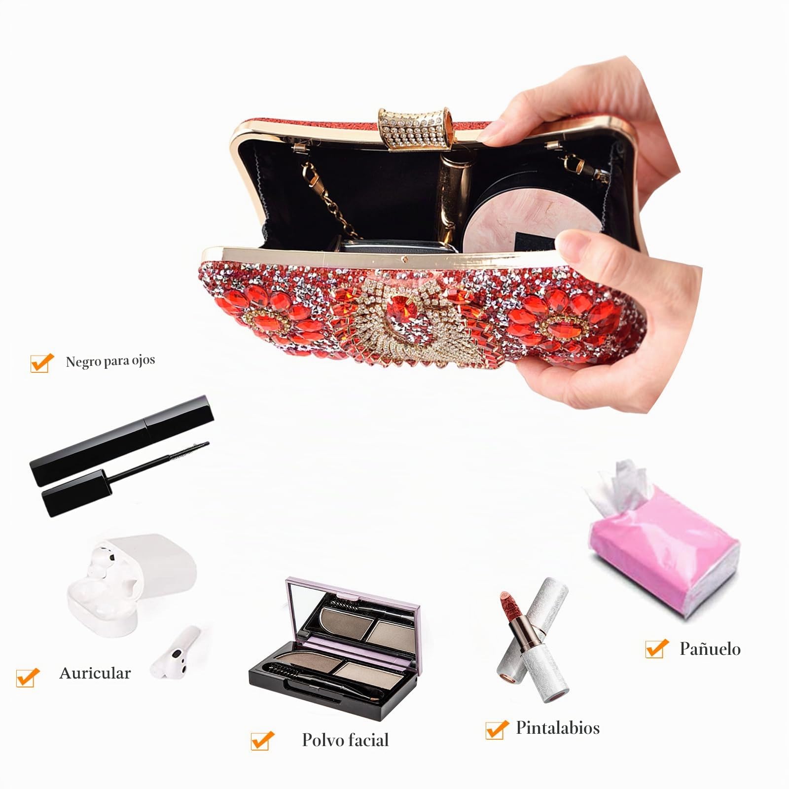 Diamantes de Imitación Clutch para Mujer Bolsa de Noche Bolso de Fiesta Pequeña Bolso de Boda Elegante Bolso de Hombro Lujoso Bolsos Bandolera para Fiesta de Graduación Banquete Rojo