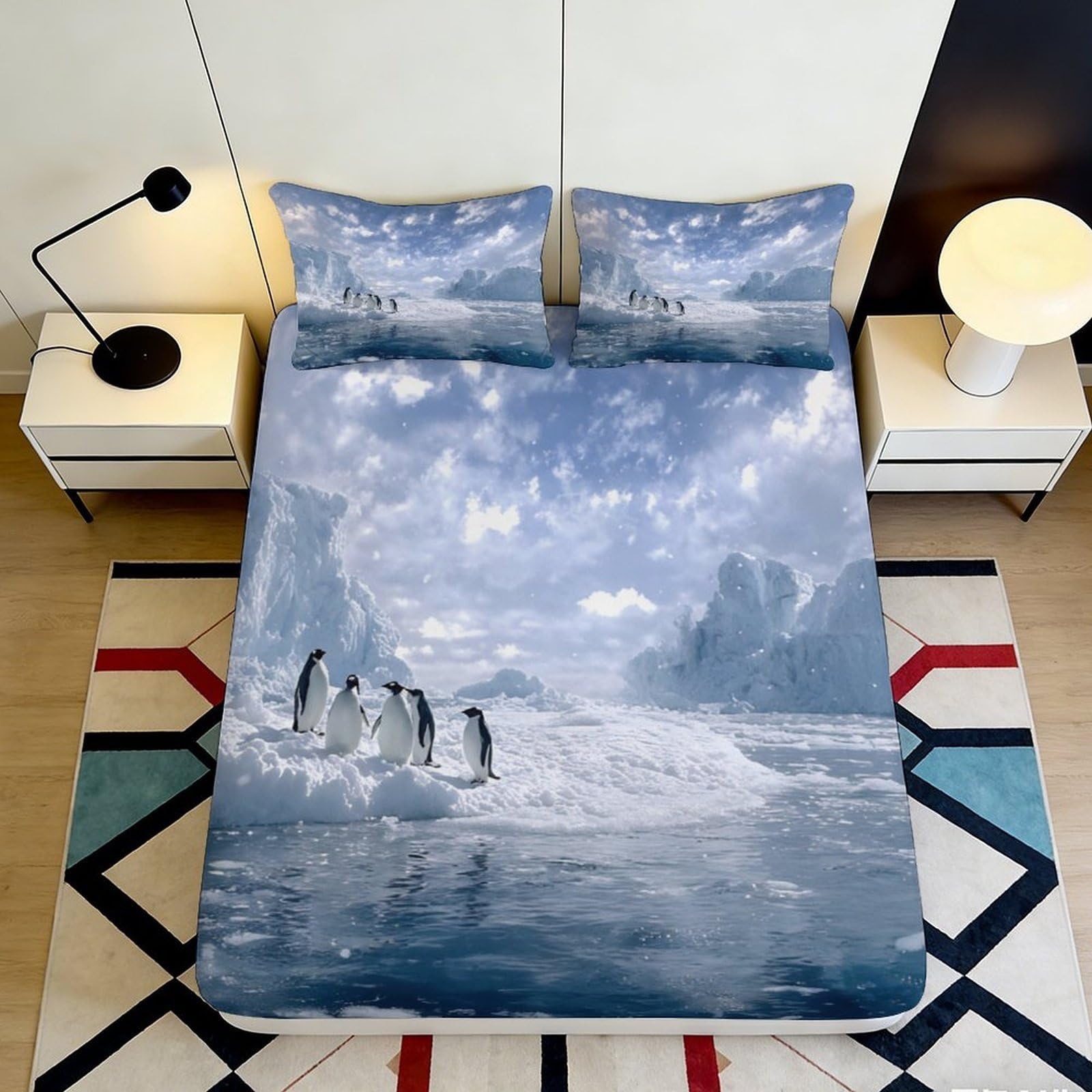 3D Printed Arctic Iceberg Fitted Sheet Microfiber Soft Breathable Penguin Lake Mattress Cover for Bedroom Home Decor 90x200x25cm