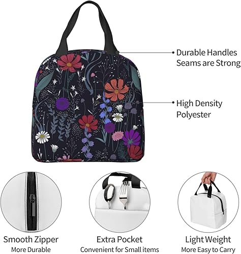 Miniatura 7 de Bolsa de almuerzo con diseño de flores para mujeres y hombres, con aislamiento, reutilizable, organizador de almuerzo, impermeable, bolsa de mano