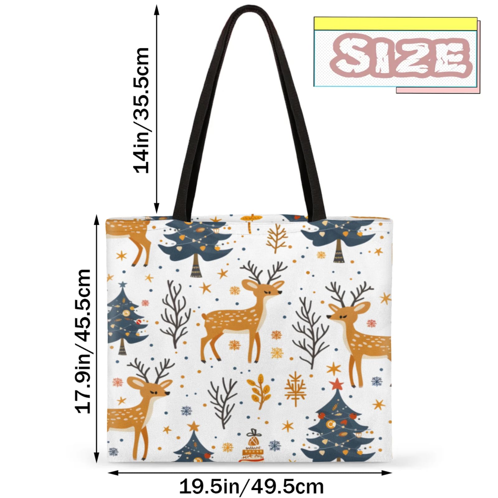 Mularoka Moose Christmas Tree Hand Painted Square Canvas Tote Bag Top Handle Purses Stylish Women Canvas Shoulder Tote Bags Reusable Handbags for Work Travel Picnic Beach Shopping Gym Hiking