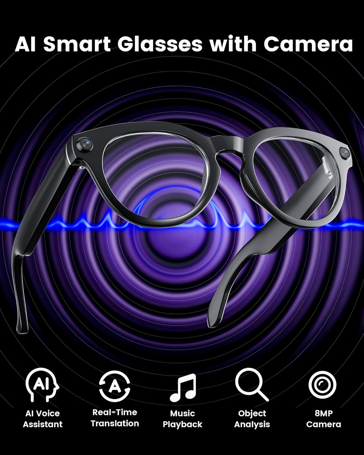 ai smart glasses with camera, 1080p video recording, 8mp camera glasses, real time translation & voice assistant, open-ear bluetooth audio for vlogging, travel and meetings modern