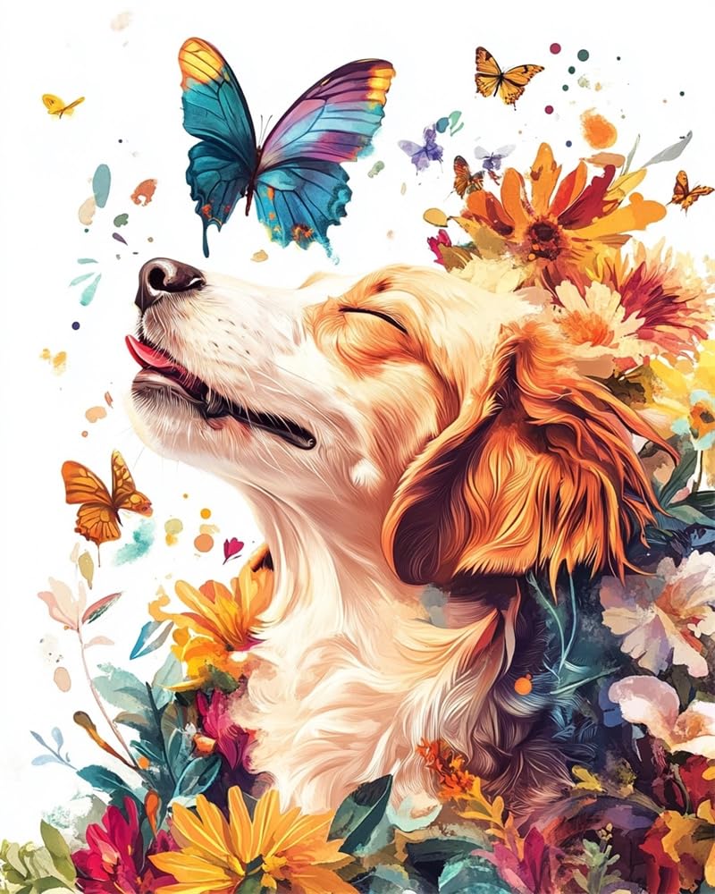 Henypt Cross Stitch Kits, Dog and A Butterflies Easy Patterns Embroidery Kit Supplies, Stamped Options for Adults Beginners (Stamped)