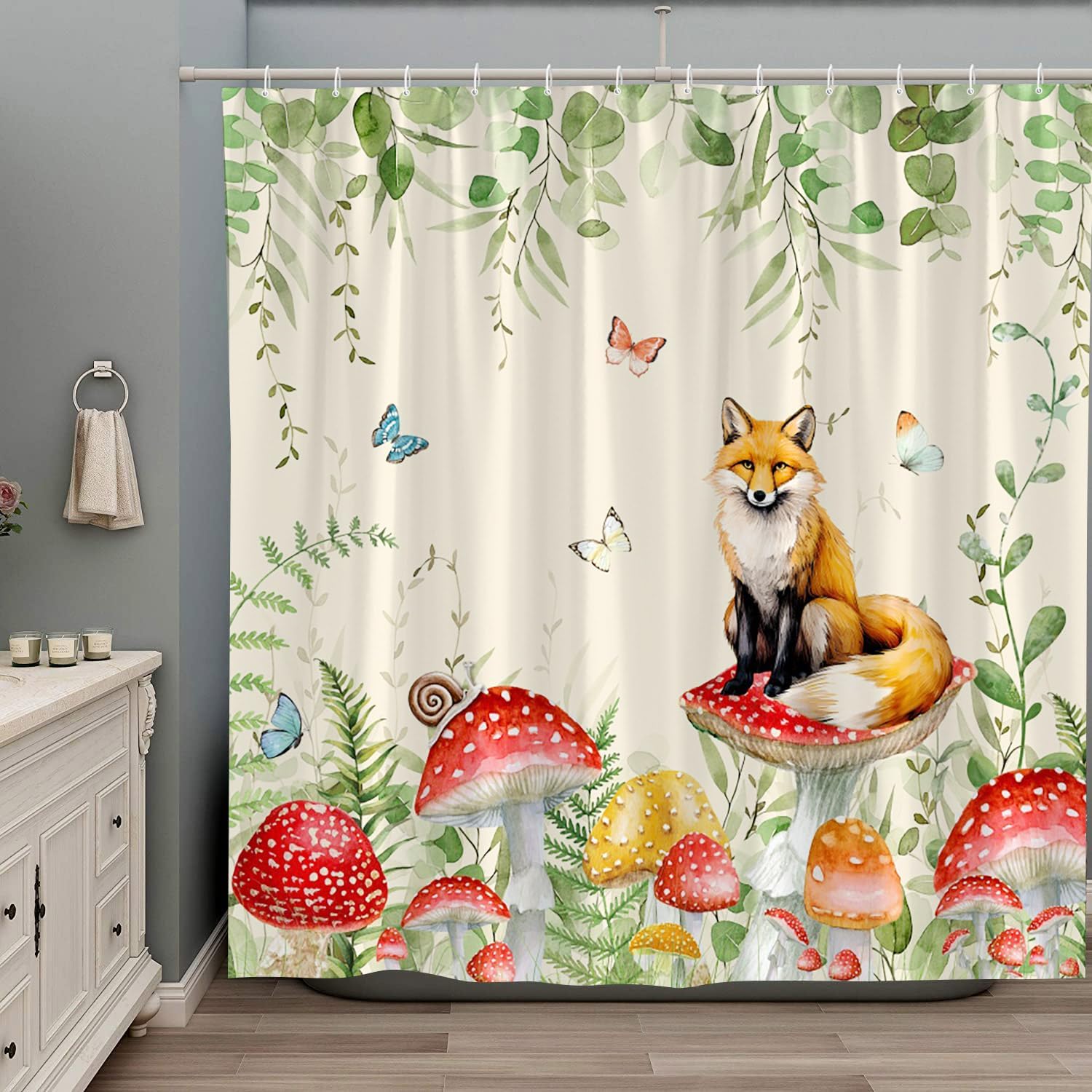 Red Mushroom Fox Shower Curtain Beautiful Flower Green Eucalyptus Leaf Floral Wildflowers Wild Animal Funny Bathroom Bathtub Curtains Set Polyester Fabric with Hooks 106Wx70H Inch