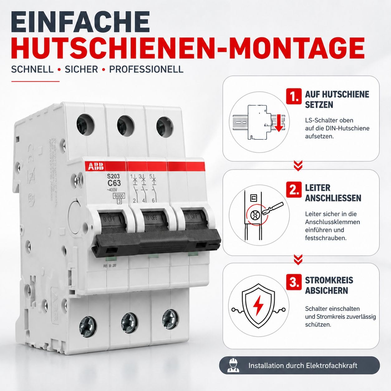 ABB S203-C63 Leitungsschutzschalter 3-polig C63A 6kA Sicherungsautomat Drehstrom LS-Schalter System pro M compact für Verteiler Hutschiene nach DIN EN 60898-1 Art. 2CDS253001R0634