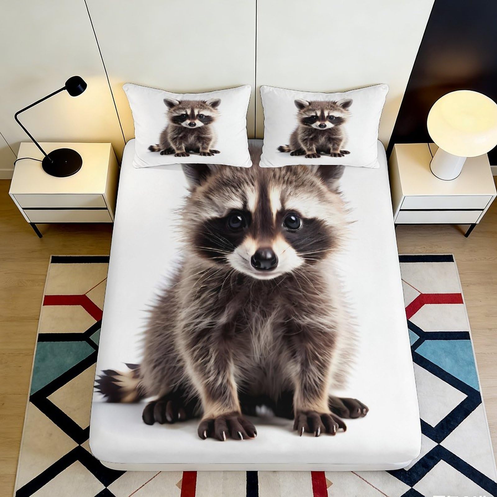 3D Printed Raccoon Fitted Sheet Microfiber Non-Slip Deep Pocket Bedroom Bedding Raccoon Mattress Fitted Cover Washable 200x200x25cm