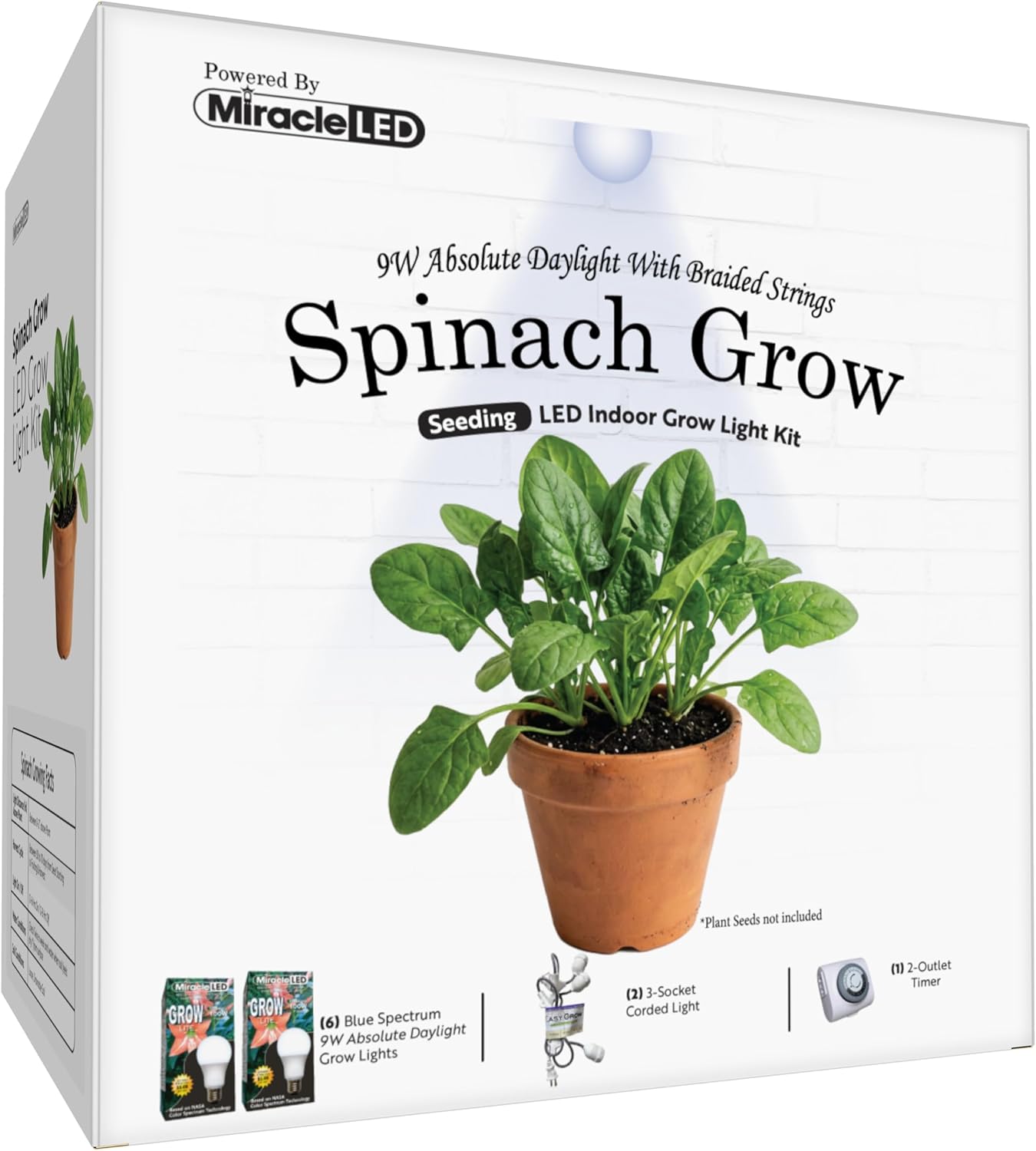 Miracle LED Absolute Daylight Blue Spectrum, Spinach Starter Grow Light Kit (Braided 3-Socket) 2PK