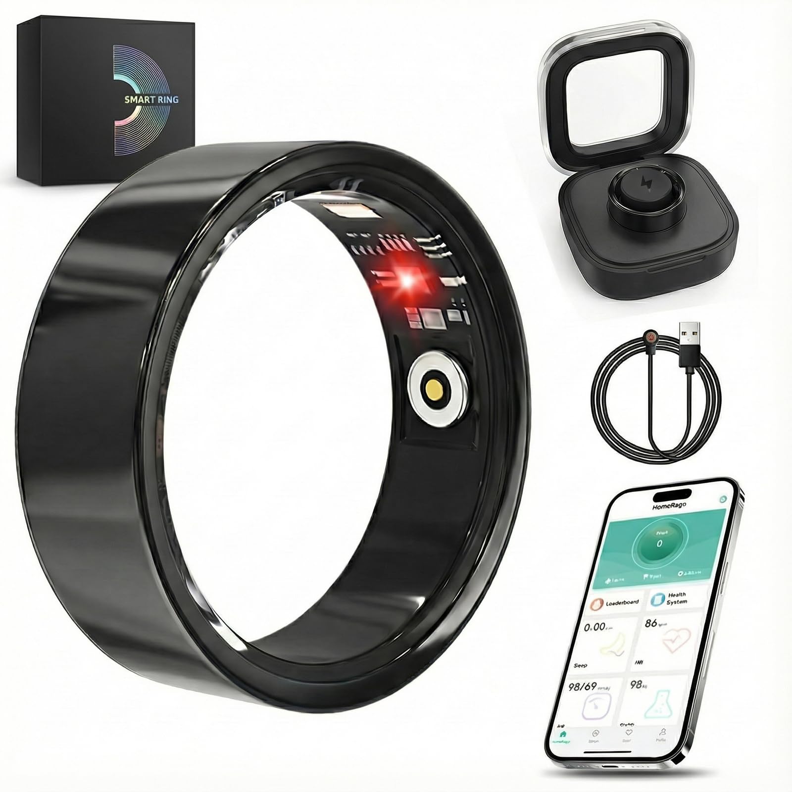 Luxelle Smart Ring Fitness Tracker con monitoraggio del sonno, frequenza cardiaca, ossigeno nel sangue, pressione sanguigna, contapassi, 128 modalità sportive, impermeabile IP68, ricarica magnetica