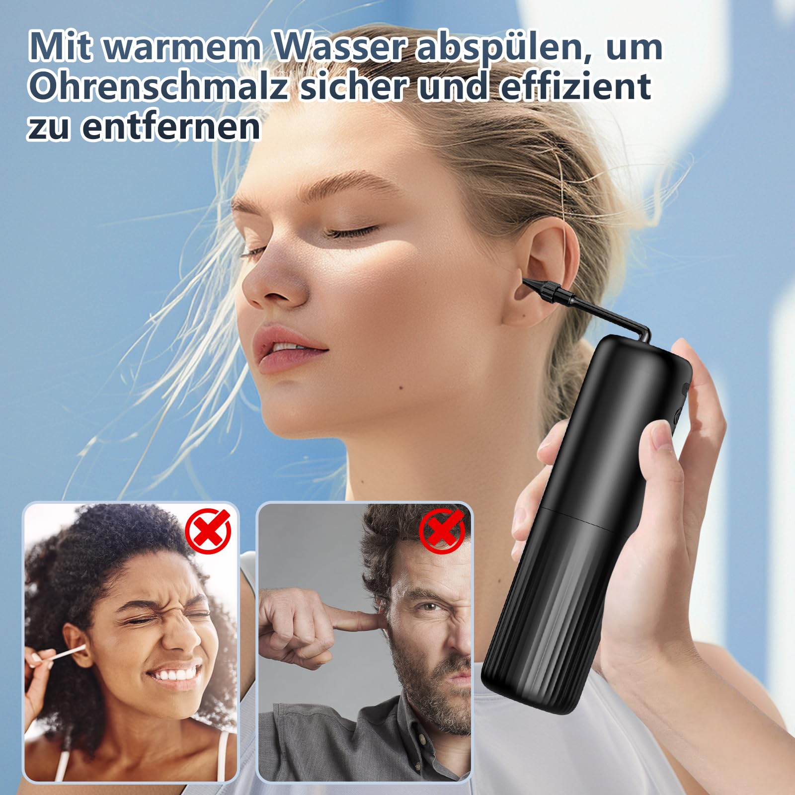 Ohrenschmalz Entferner, Ohrreiniger Mit 4 Druckmodi, 2000 mAh Elektrischer Ohrenreiniger inkl. 10 Düsen, IPX7 Wasserdicht Ohrenspülung, Ohrendusche für Erwachsene Kinde, Schwarz