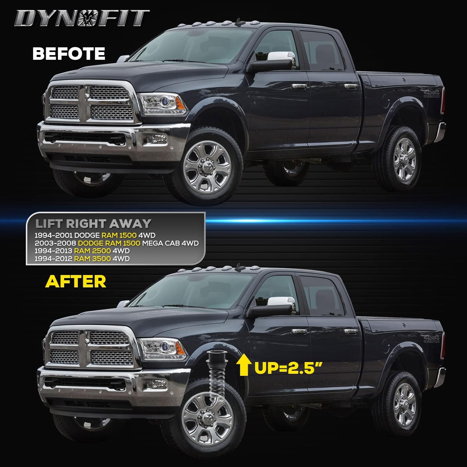 Dynofit 2.5" Leveling Lift Kit for Dodge Ram 2500/3500 (1994-2013) 4WD, Front Suspension Level Kit Coil Spring Struct Spacer for 1994-2001 Ram1500, Set of 2-Piece