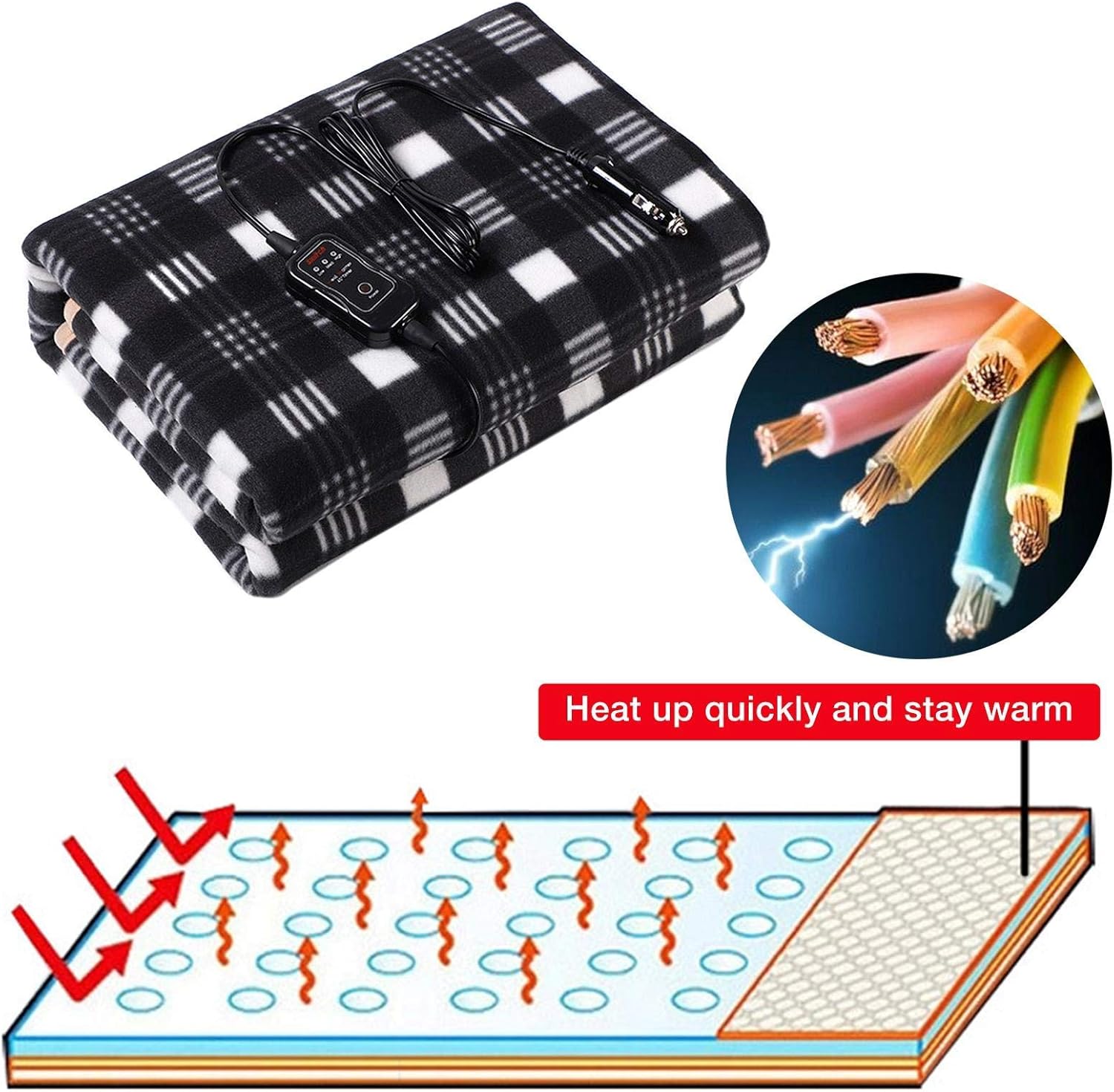 Electric Car Blanket,12V Polar Fleece Blanket Heated Blanket for Car Trucks Winter Cold Weather Heated Car Blanket, 110X145cm