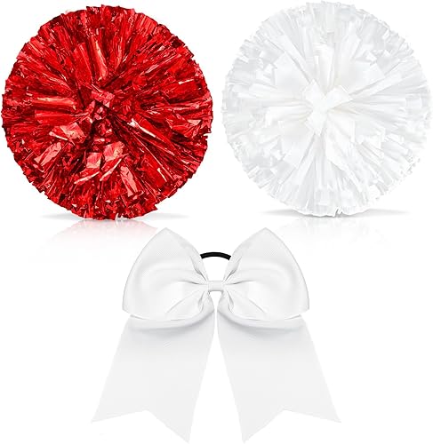 Pompones de animadora y lazo grande para el pelo de animadora para niña, 12 pulgadas, pompones metálicos grandes de animadora para animadora de