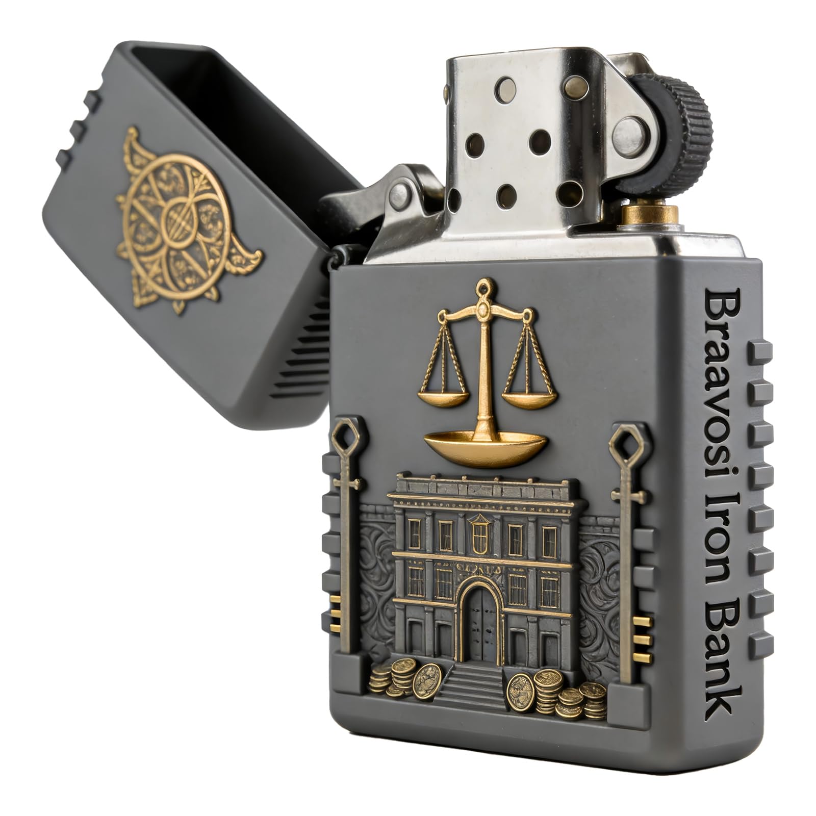 Windproof Retro Scale Carved Kerosene Lighter Vintage Flip Top Wheel Grinding Kerosene Lighter for Daily Use (B)