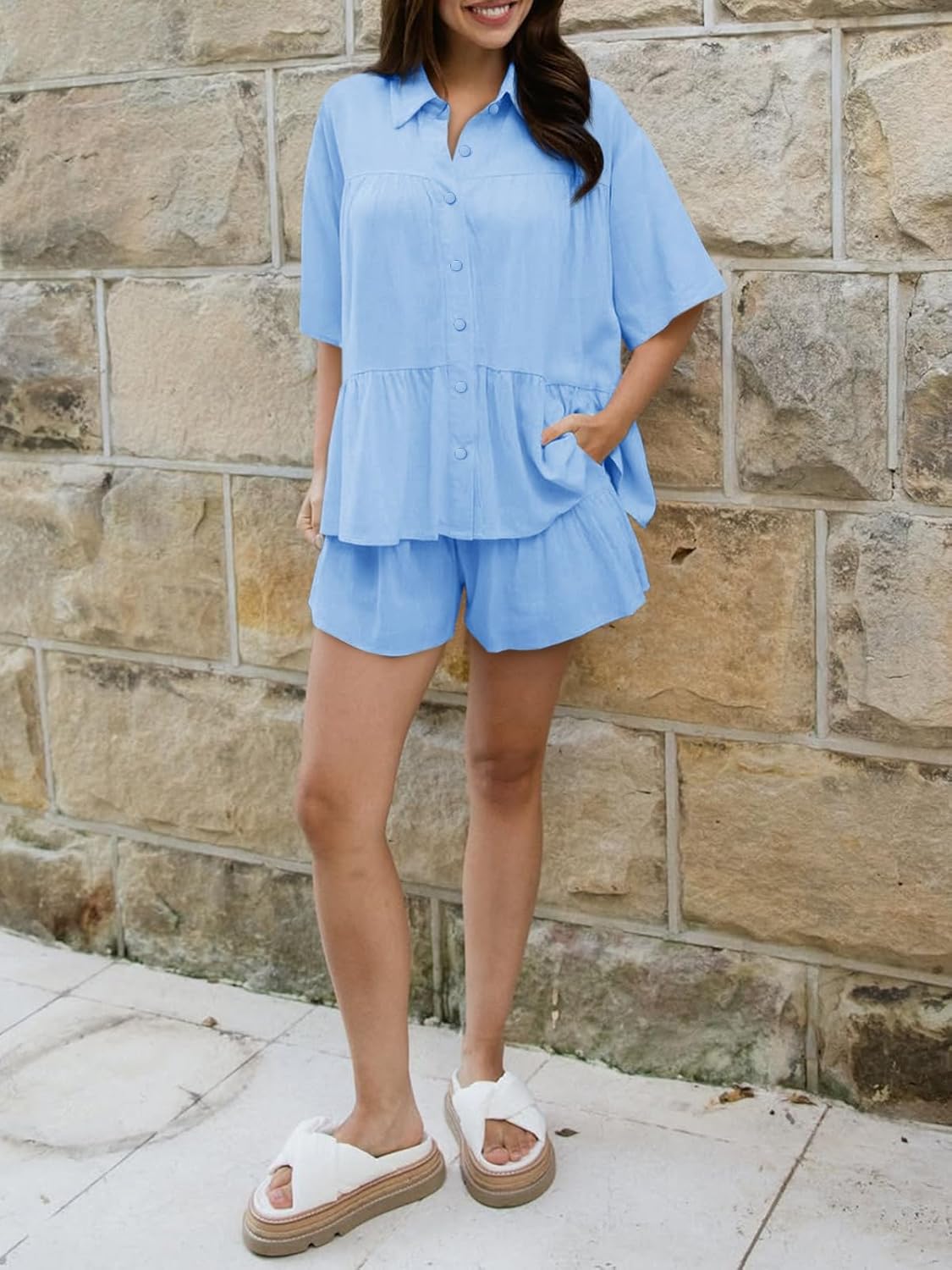 Cicy Bell Womens 2 Piece Outfits Summer Pleated Button Down Shirts High Waisted Shorts Lounge Sets - Image 6