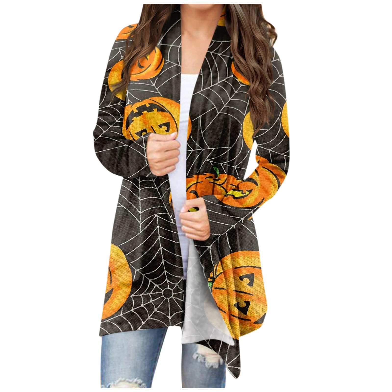HUTJDHA Halloween Womens Cardigans Lightweight Fall Plus Size Long Sleeve Funny Cute Pumpkin Black Cat Ghost Print Coat