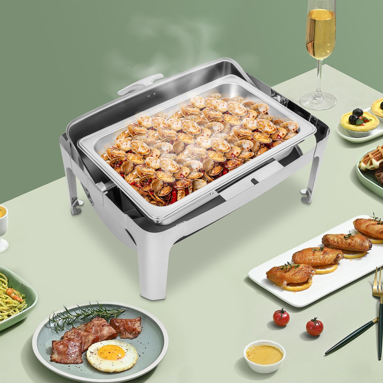 Chafing Dish, contenitore in acciaio inox, 9 litri per bacino, contenitore per alimenti, scaldavivande con rolltop, contenitore di calore, chafing dishes per catering buffet e feste