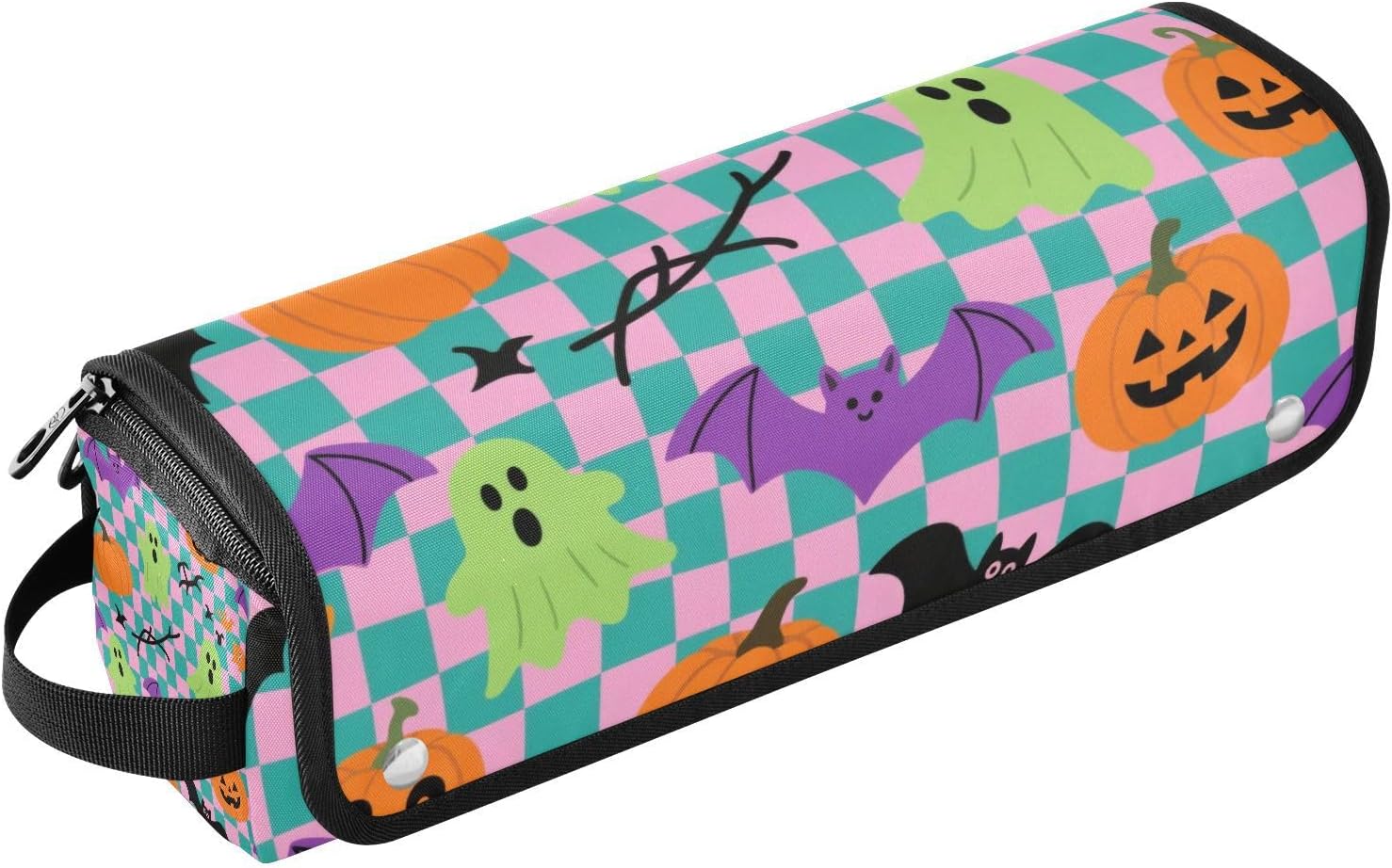 2-in-1 Curling Iron Travel Case with Heat Resistant Pad Removable Hair Styling Accessories Organizer for Curling Iron Straightener Flat Hair Dryer, Halloween Orange Pumpkin Ghosts Bat Travel