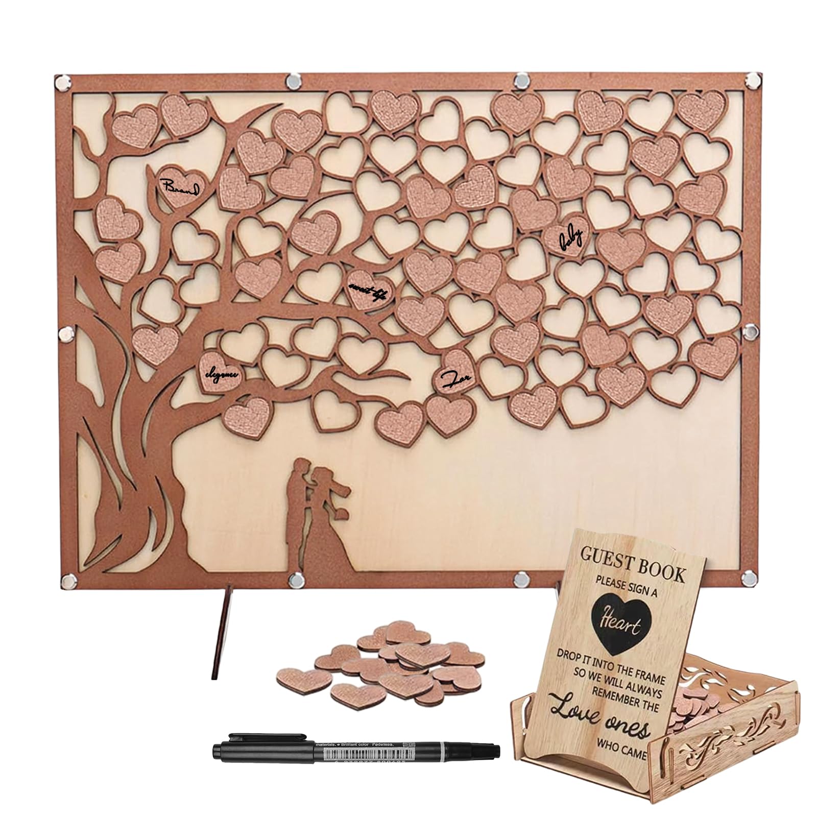 Madera Libro De Visitas,27 * 37CM Libro De Firmas Bodas Con Un Bolígrafo,Libro De Invitados De Boda,Libro De Visitas Boda Corazón Para Boda,Aniversario,Fiesta De Cumpleaños