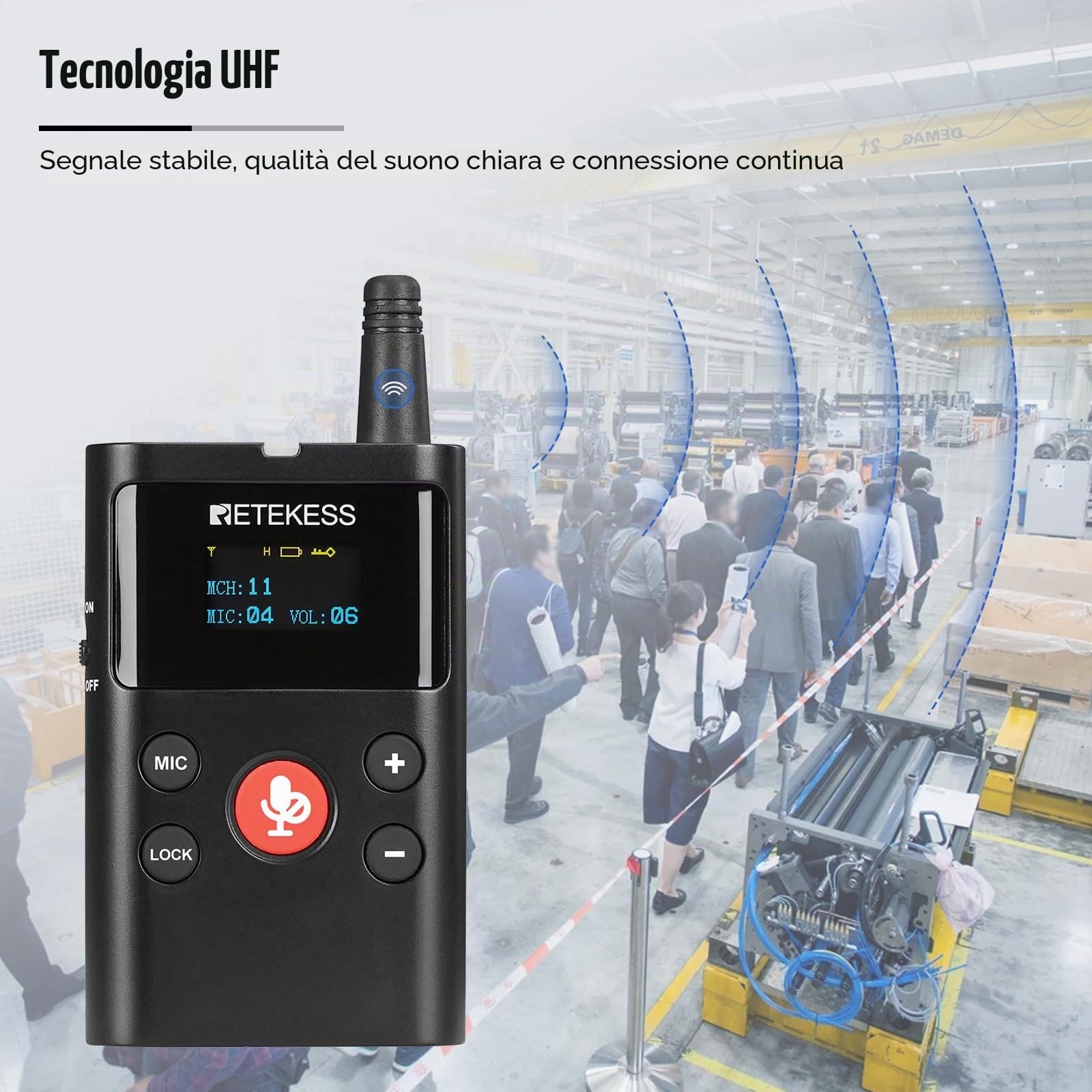 Retekess TT126R Sistema Guida Turistica, 150 M, Leggero, Qualità Audio più Nitida, Abbinamento Automatico, Ideale per Visite in Fabbrica e Tour Guidati (1 Trasmettitore, 20 Ricevitori)