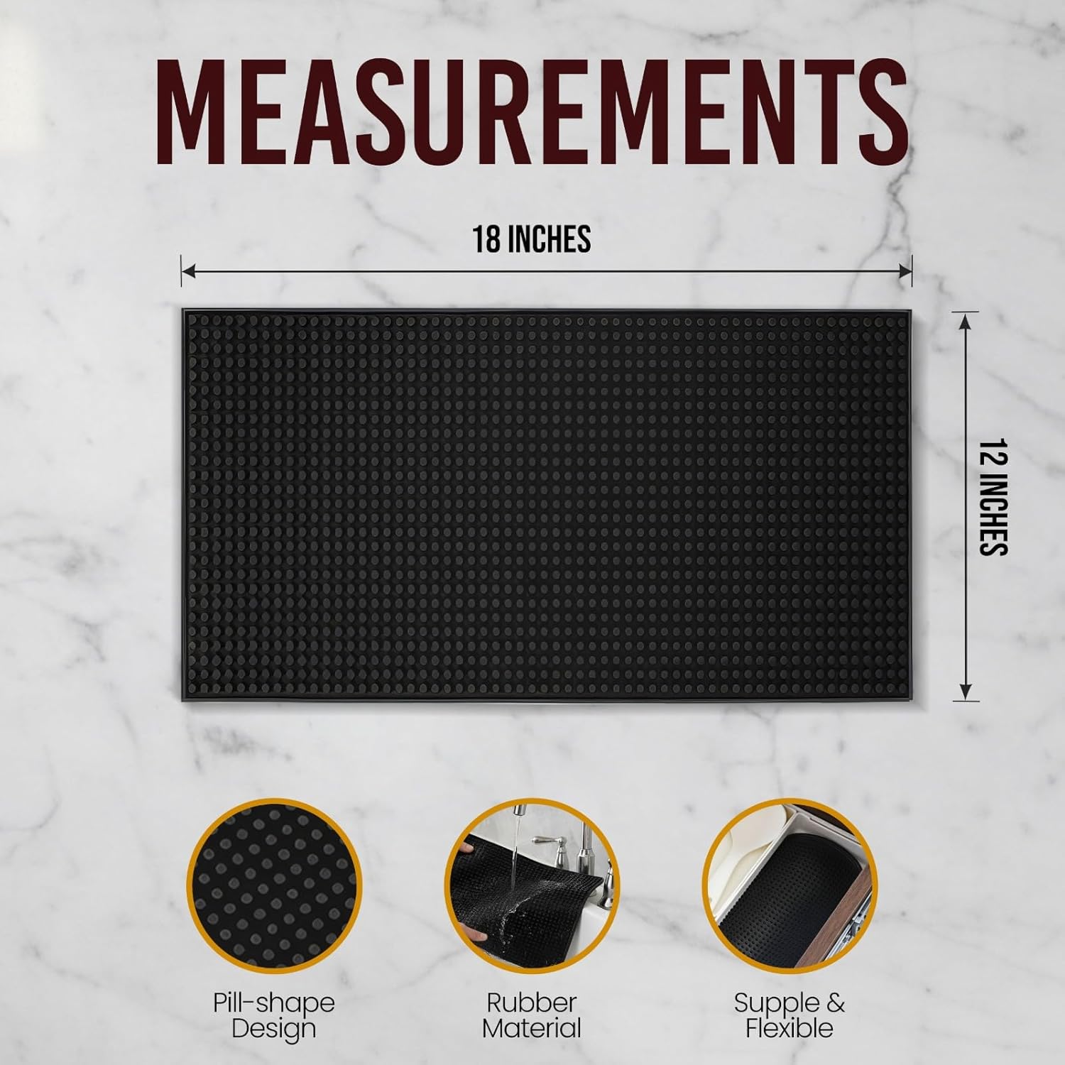 Rubber Bar Mat Set of 4-18"x12", Black - Durable, Non-Slip, Non-Toxic Spill & Drying Bar Mats for Countertops, Restaurants, Coffee Shops, & Tabletops