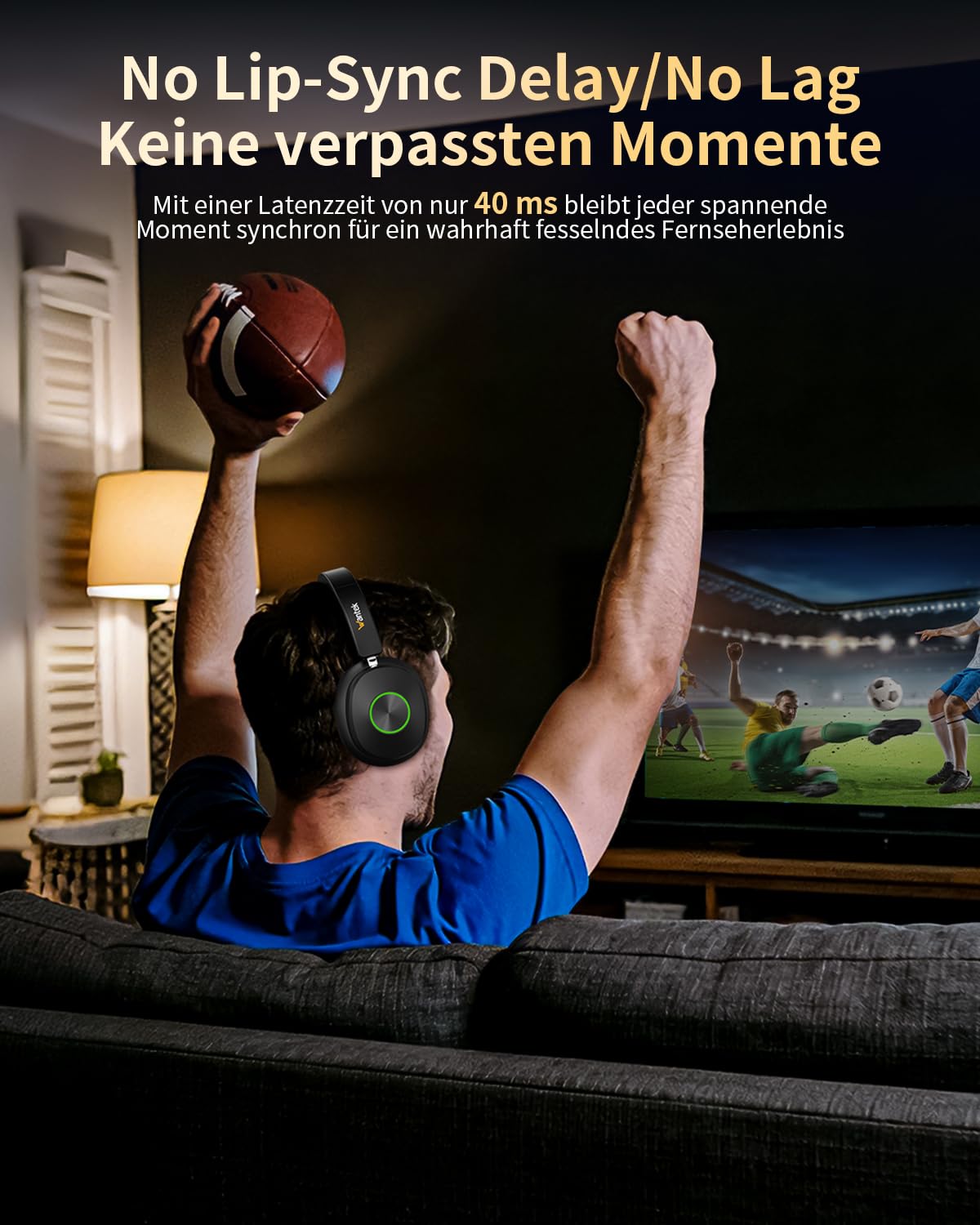 Wantek Funkkopfhörer für Fernseher, Kabellose TV-Kopfhörer für Senioren mit Sender-Ladestation, Ohne Audio-Verzögerung, Bluetooth 5.4, Over-Ear Kopfhörer mit 3 Audiomodi