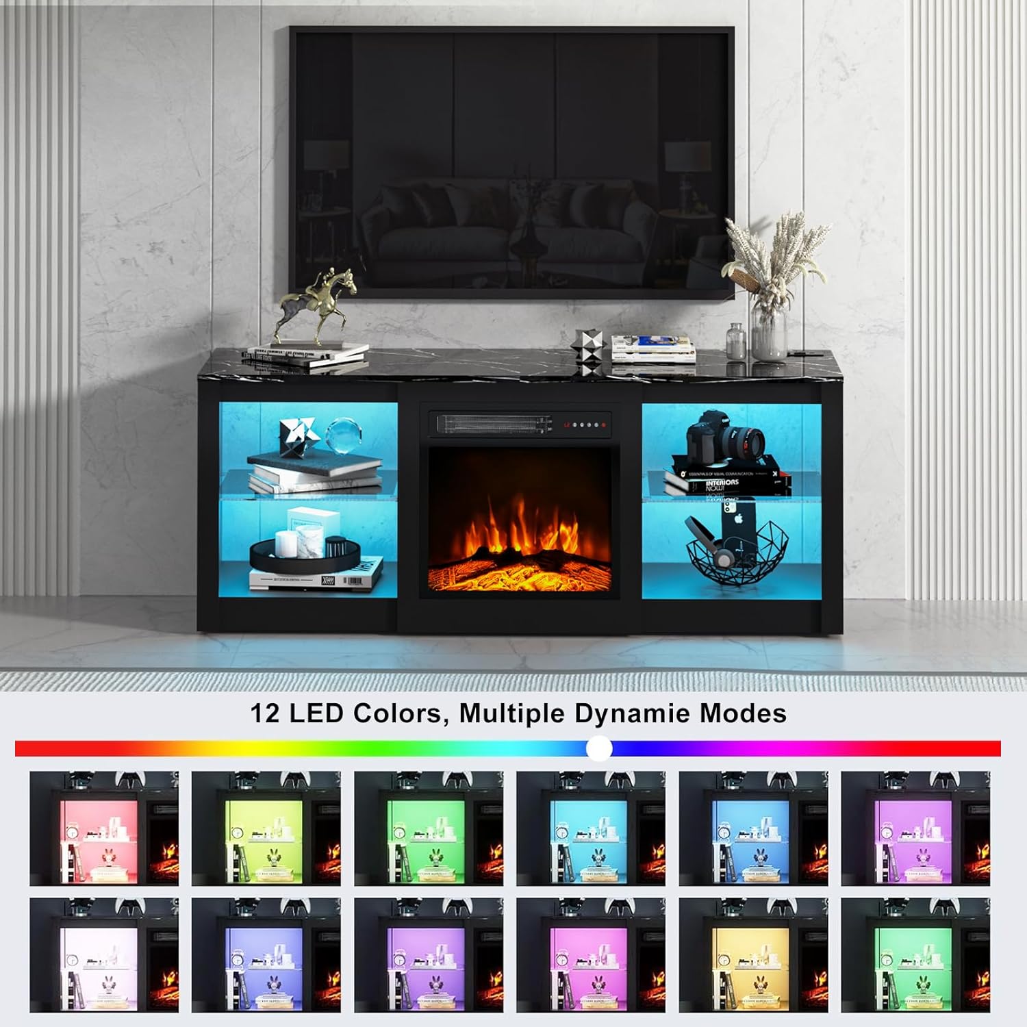 58 inch Fireplace TV Stand for 65 inch TV, LED Light Entertainment Center with 18" Electric Fireplace for Livingroom TV Console with Glass Shelves,Black