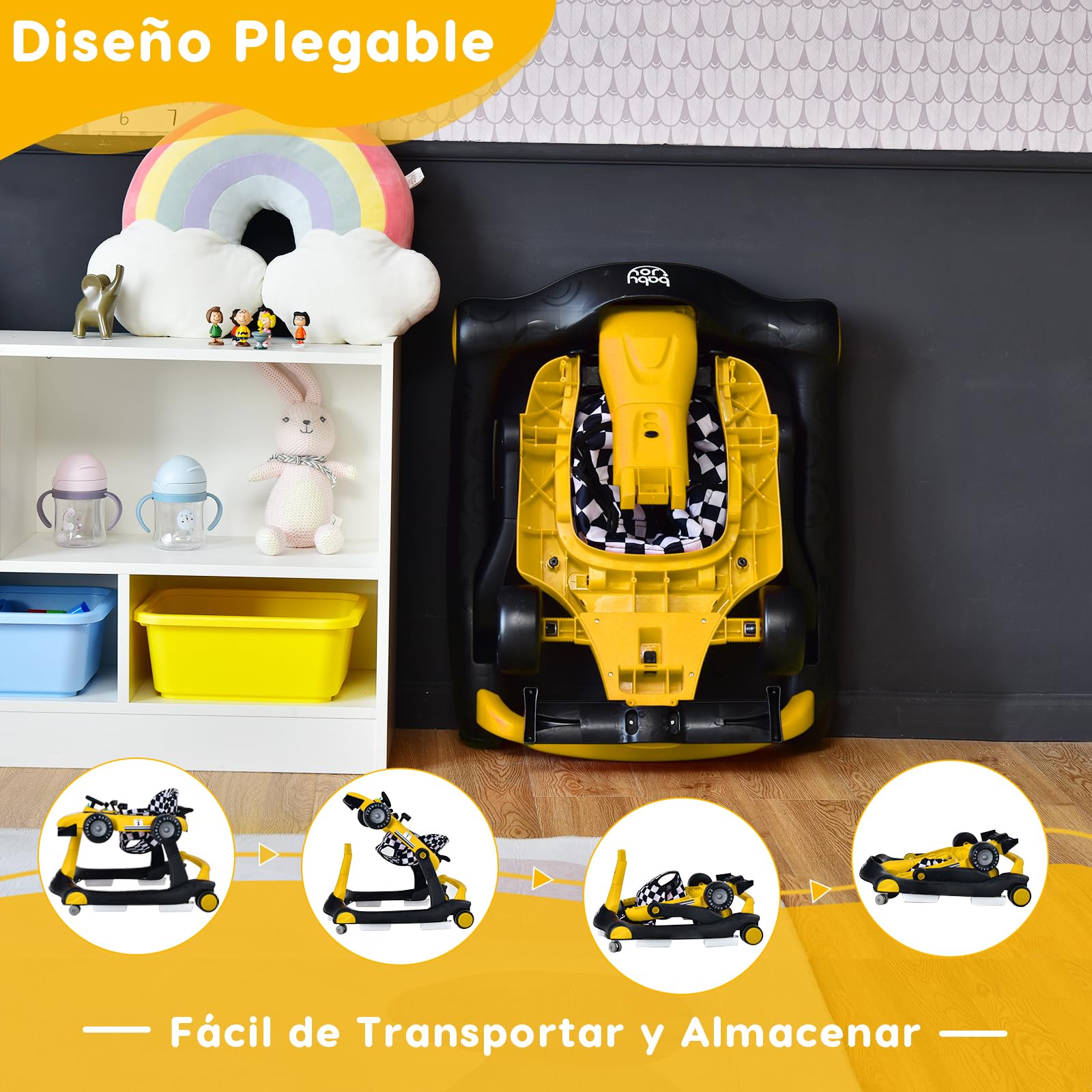 RELAX4LIFE 4 en 1 Andador para Bebés 6-18 Meses, Andador Plegable con Altura Regulable en 3 Niveles, Tacatá Bebés con Luces, Sonidos y Velocidad Controlable, 64 x 73 x 50,5-55,5 cm (Amarillo)