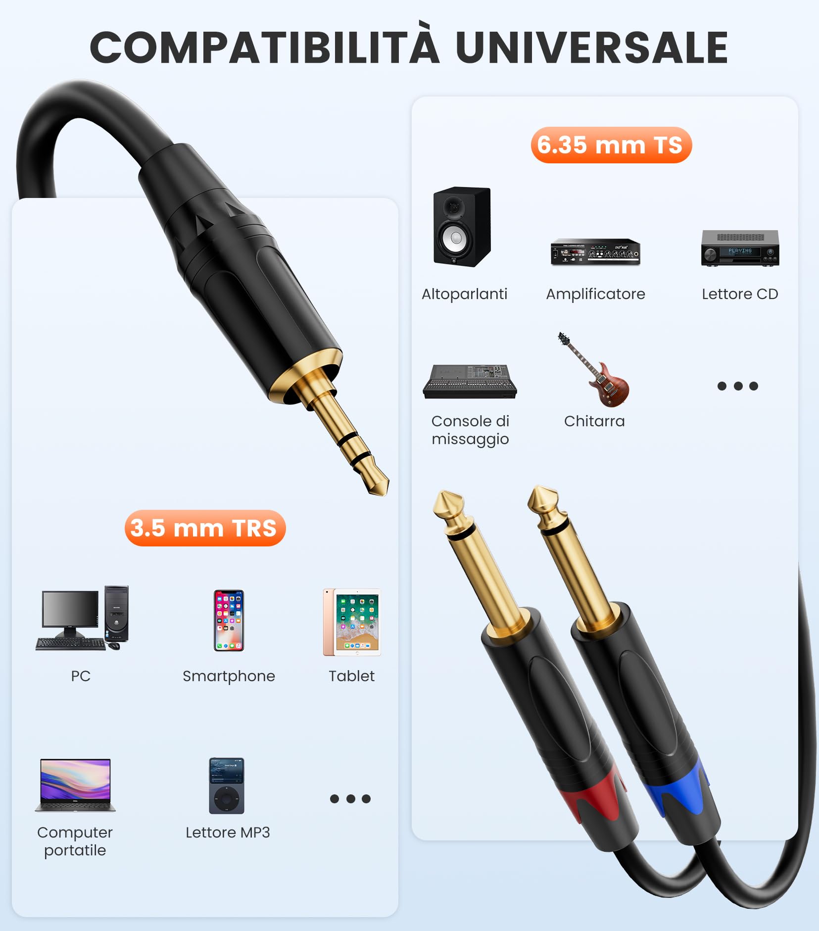 Cavo stereo da 3,5 mm a 6,35 mm, 1 m, mini jack TRS da 3,5 mm a doppio TS mono da 6,35 mm, cavo splitter a Y per lettori CD, altoparlanti, amplificatori