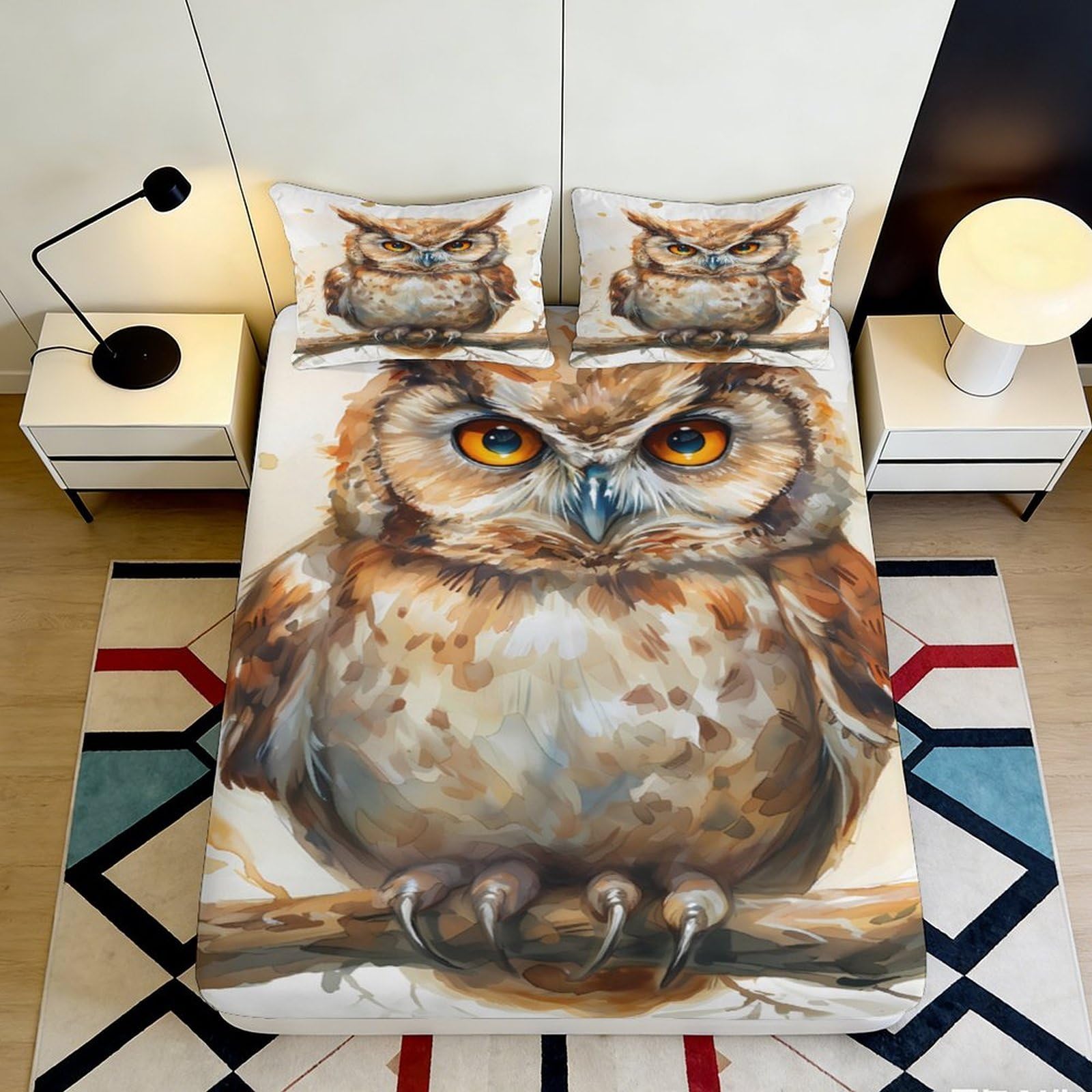 3D Printed Brown Owl Fitted Sheet Microfiber Soft Breathable Artistic Bed Cover for Bedroom Dorm Mattress Protection Decor 90x200x25cm