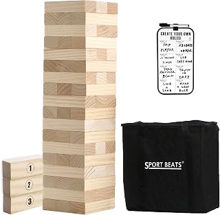 Outdoor Games Large Tower Stacking Game, 54 Wooden Blocks, Stack Up to 4 Ft Tall, Includes Carry Bag and Scoreboard, Backyard and Beach Lawn Yard Fun for Adults and Family