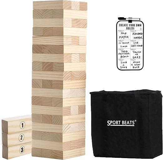 Outdoor Games Large Tower Stacking Game, 54 Wooden Blocks, Stack Up to 4 Ft Tall, Includes Carry Bag and Scoreboard, Backyard and Beach Lawn Yard Fun for Adults and Family