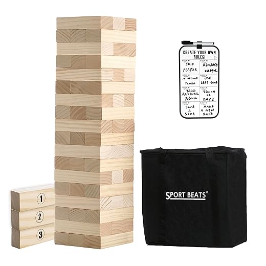 SPORT BEATS Large Tower Game Lawn Yard Outdoor Games for Adults and Family Wooden Stacking Games- Includes Rules and Carry Bag-54 Large Blocks