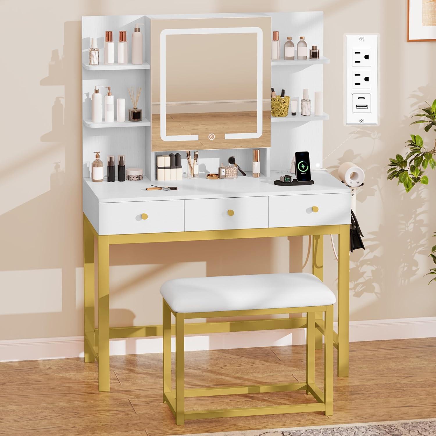 YITAHOME Makeup Vanity Desk Set with Mirror and Lights & Power Outlets, Makeup Table with 3 Adjustable Lighting Modes, Vanity Set with Open Shelves and Hidden Storage, Stool for Bedroom, White