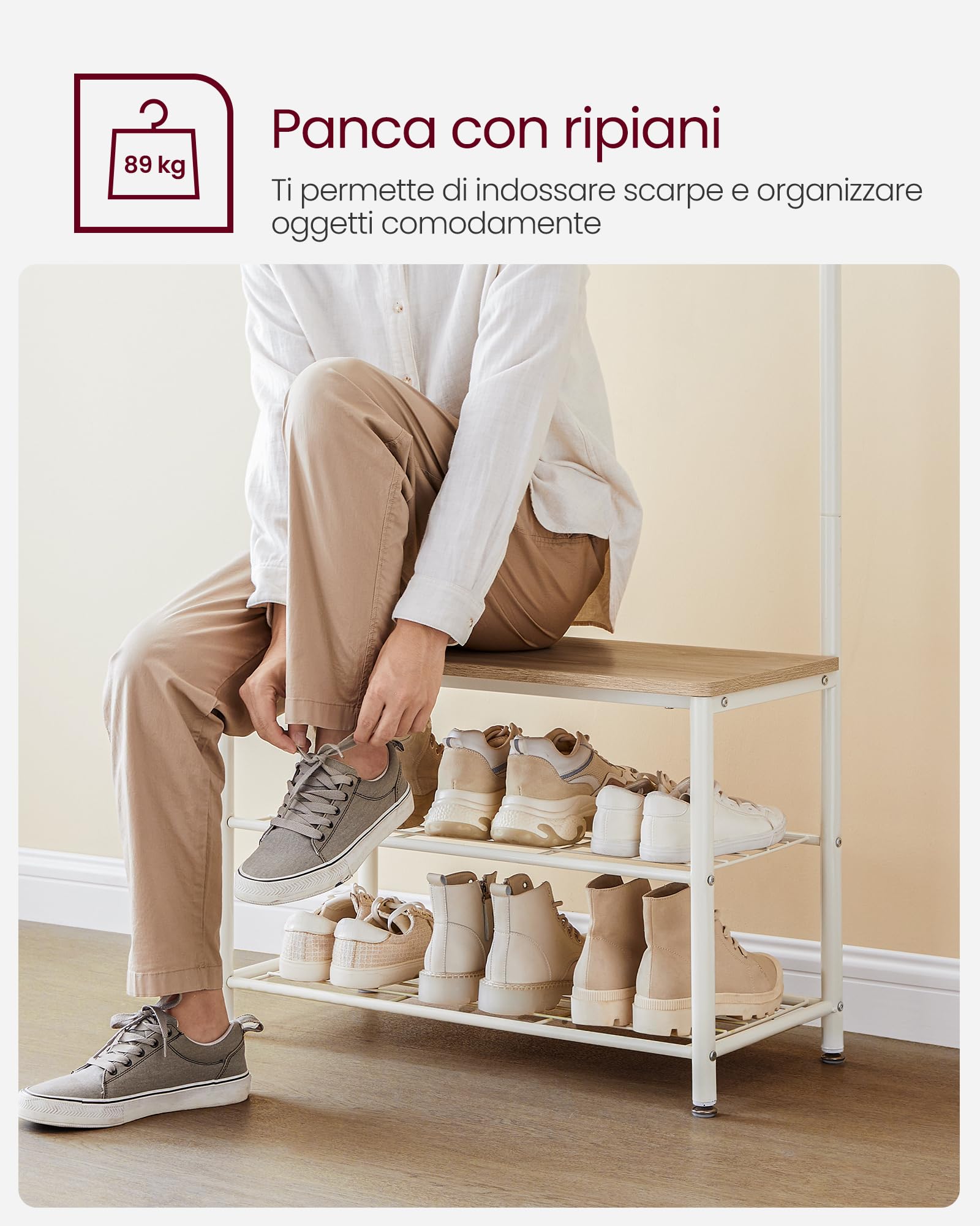 VASAGLE Appendiabiti con Scarpiera, Mobile da Ingresso con Panca, 3 in 1, Struttura in Acciaio, per Entrata Corridoio, 32 x 70 x 177 cm, Stile Moderno, Rovere e Crema HSR041W09