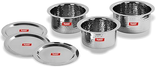 Miniatura 5 de Sumeet - Juego de 3 recipientes de acero inoxidable hechos a mano con textura martillado para inducción y estufa de gas, con tapas (capacidad 1 l,