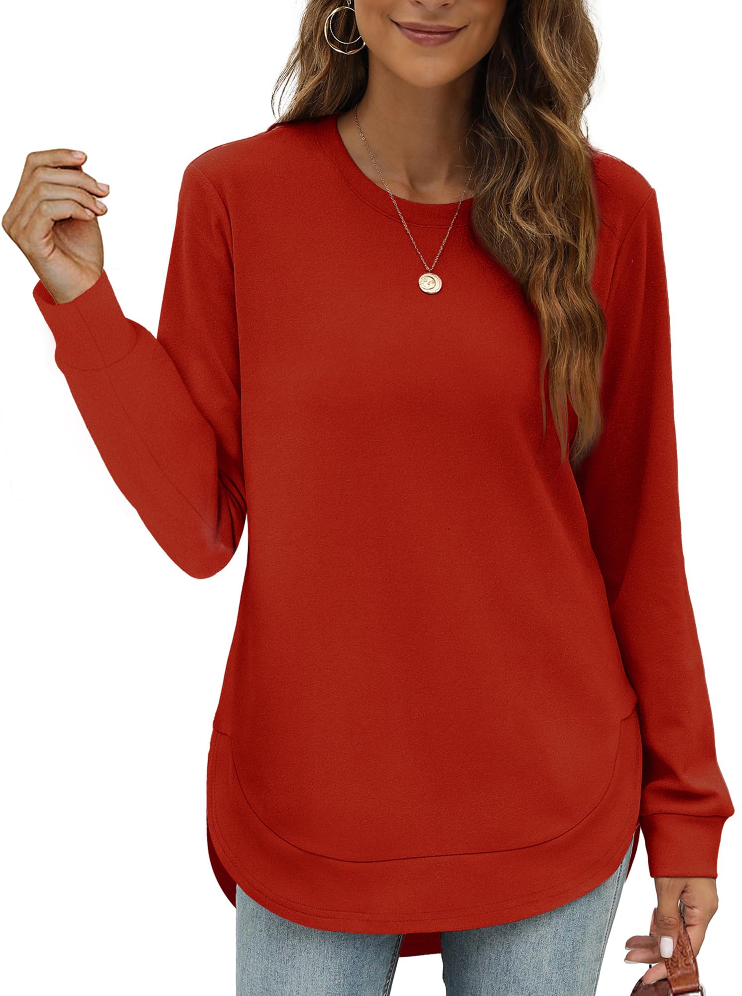 Womens Tunic Tops Puff Sleeve Crew Neck Long Sleeve Shirts Solid Color-image-41