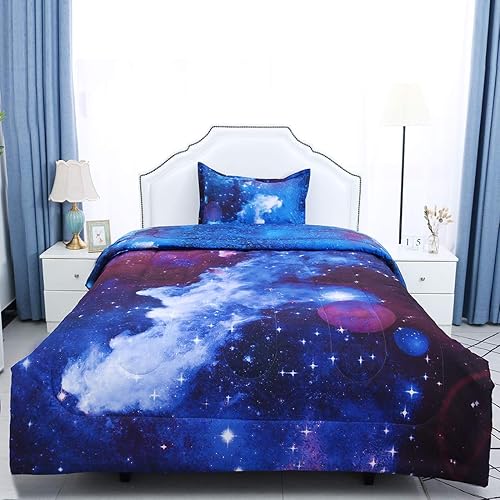 Miniatura 2 de uxcell Juego de edredón tamaño individual Galaxy azul oscuro para cama individual, ropa de cama con temática del espacio exterior 3D, diseño