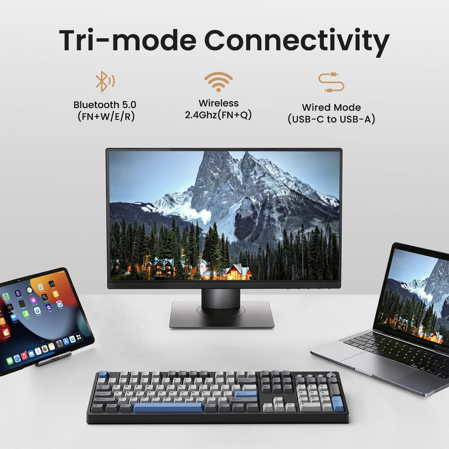 Tastiera meccanica wireless, 104 tasti, 100% full size, con tastierino numerico, suono cremoso montato su guarnizione, hot swap, manopola e tasti multimediali, Bluetooth/2,4 GHz/USB-C per giocare