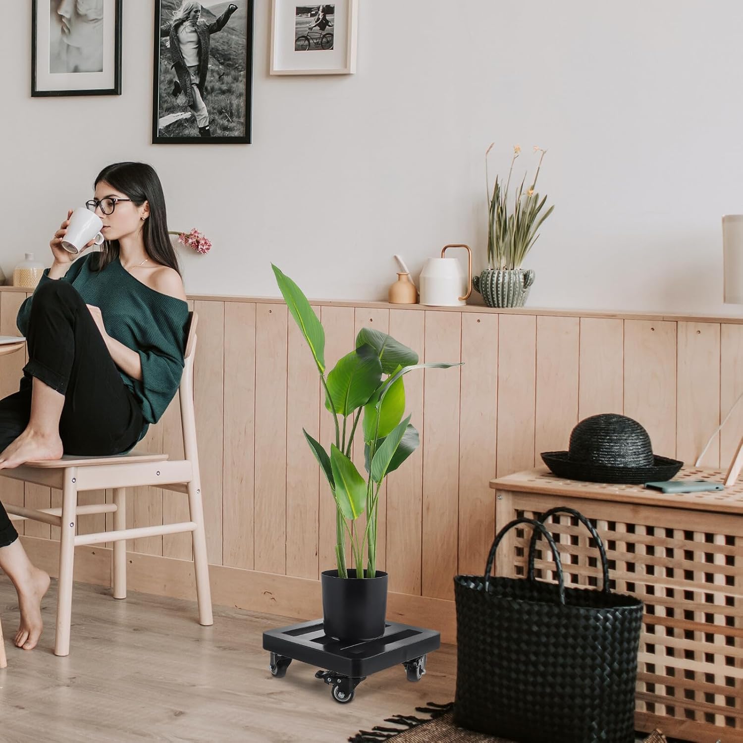 Ciieeo Thickened Rounded Corner Flowerpot Tray with Swivel Wheels 300mm X 300mm X 90mm Iron Plant Pot Caddy for Indoor Outdoor Garden Use, Anti-Collision Design, Rolling Plant Stand