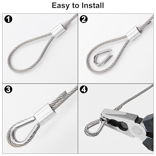 Miniatura 5 de PATIKIL Kit de cable de cuerda de alambre de 18 pulgadas, cable de acero inoxidable de 100 pies de 7 x 7 pulgadas con 50 fundas de engaste de